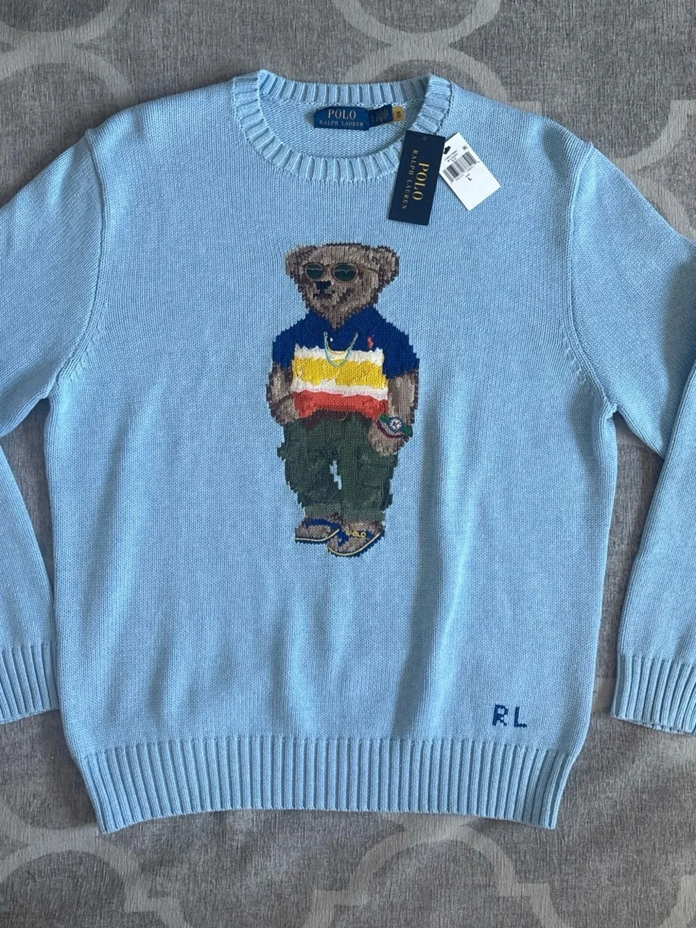 NWT Polo Ralph Lauren Light Blue Bear Intarsia Crewneck Sweater